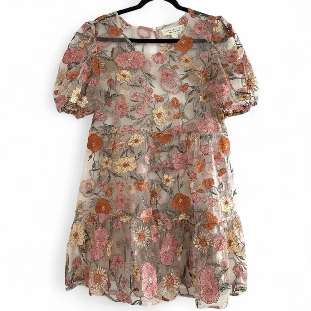 saltwater LUXE Sheer Floral Mini Dress in Pink, Orange, Cream - Picture 1 of 8